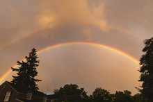 Double Rainbow Over Trees And Houses In A Residential Neighborhood