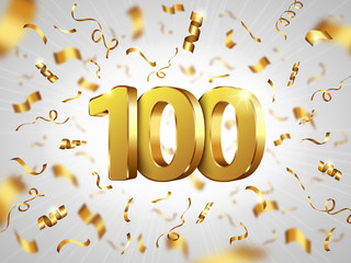 100 year anniversary celebration, realistic vector. white background with 3d gold metal numbers and 