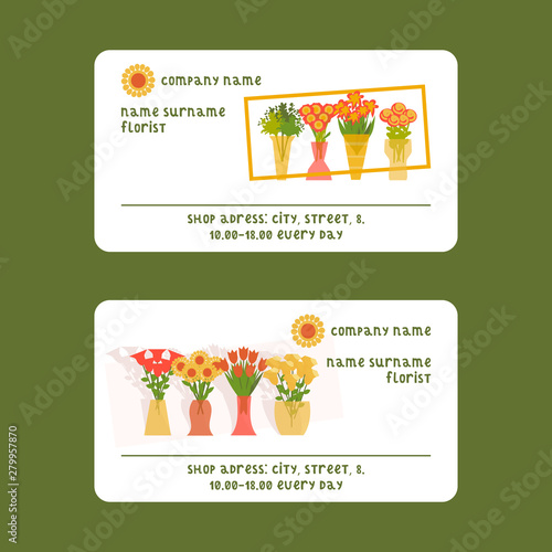 Florists and flower shop vector illustration for visiting card. Cartoon isola...