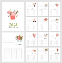 Calendar 2020. Cute And Creative Calendar With Hand Drawn Spring Flowers In Pots And Cups. Redy To Print. Vector Illustrations