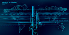 3d Base Station Receiver. Telecommunication Tower 4g Polygonal Design Global Connection Information Transmitter. Mobile Radio Antenna Cellular Vector Illustration