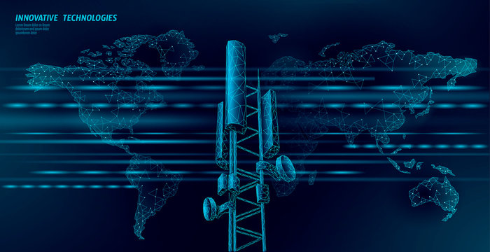 3d base station receiver. telecommunication tower 4g polygonal design global connection information 