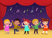 Group Of Kids Dancing And Singing A Song On The Stage. Children’s Performance.