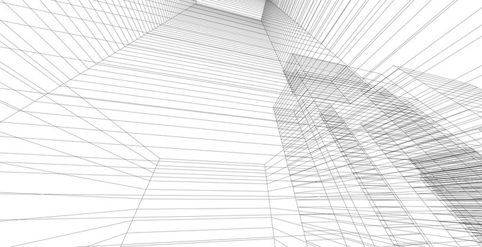 3D illustration architecture building perspective lines.