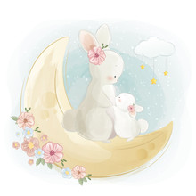 Mommy And Baby Bunny In The Moon