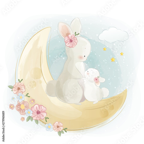 Fotografía Mommy and Baby Bunny in the Moon
