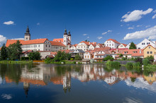 UNESCO Protected Czech City Telc City Scape On The Castle With Water Reflection