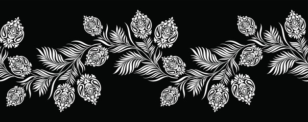 Seamless black and white vintage vector textile floral border with paisley