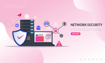 Network security concept, Database secure and personal data protection, Traffic Encryption, VPN, Privacy Protection, Antivirus Technology, flat icon, suitable for web landing page, banner, vector