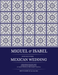 Wall Mural - Traditional mexican wedding invite card template vector. Vintage floral tile pattern with white and navy blue. Sicily background for save the date design or invitation party.