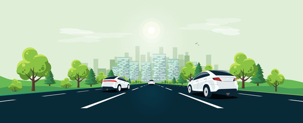 Wall Mural - Traffic on the highway panoramic perspective horizon vanishing point view. Flat vector cartoon style illustration urban landscape street with cars, skyline city buildings and road going to the city.