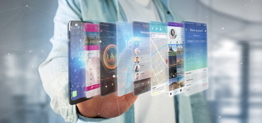 Businessman holding 3d rendering app template on a smartphone