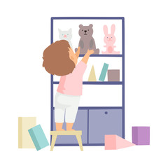 Sticker - Cute Boy Cleaning Up His Toys and Putting Them In Cupboard, Kid Doing Housework Chores at Home Vector Illustration