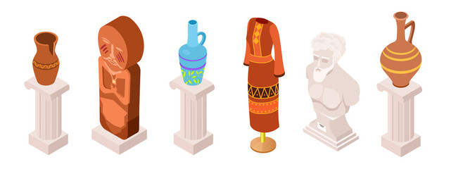 Sticker - Isometric vector ancient museum exhibits, clothes and totems collection. Illustration of ancient museum sculpture, exposure statue