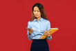 © Pixel-Shot - Asian businesswoman with mobile phone on color background