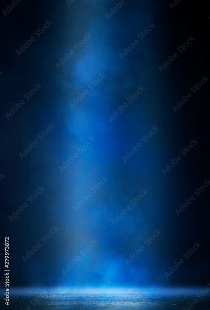 Empty street scene background with abstract spotlights light. Night view of street light reflected on water. Rays through the fog. Smoke, fog, wet asphalt with reflection of lights.  - obrazy, fototapety, plakaty 