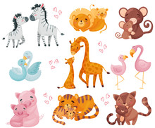 Collection Of Pairs Of Animals. Mom And Baby. Vector Illustration On White Background.