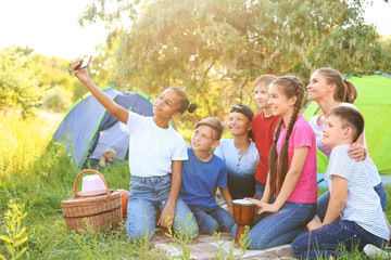 Sticker - Group of children taking selfie at summer camp