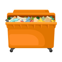 Large orange tank on wheels with a lid filled with garbage to the brim. Vector illustration on white background.
