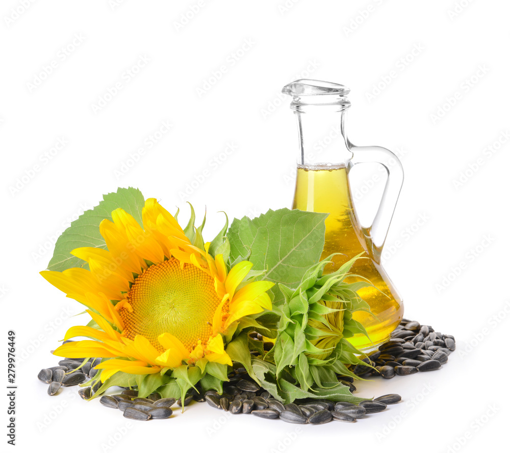Composition with sunflower oil on white background