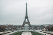 Eiffel Tower on a rainy day.