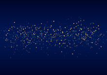 Abstract Falling Golden Glitter Lights Texture On A Dark Blue Background With Lighting. Magic Gold Dust And Glare. Festive Christmas Background.