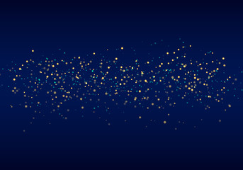 Abstract falling golden glitter lights texture on a dark blue background with lighting. Magic gold dust and glare. Festive Christmas background.