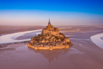 Wall Mural - Aerial view of Panoramic view with sunset sky scene at Mont-Saint-Michel, Normandy, France