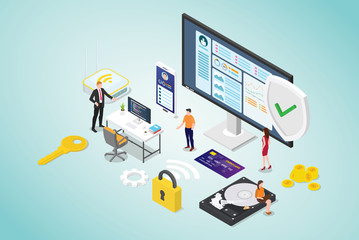cyber security concept with team people and secure code programmer with modern flat style and isometric design - vector