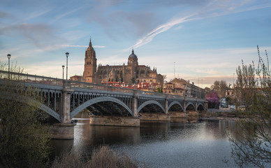 Sticker - Salamanca Skyline view with Cathedral and Enrique Estevan Bridge from Tormes River at sunset - Salamanca, Castile and Leon, Spain