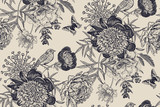 Fototapeta Kwiaty - Floral seamless pattern with garden flowers peonies, bird and butterflies.