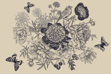 Bouquet Of Garden Flowers Peonies, Butterflies And Bird. Vintage Floral Card.