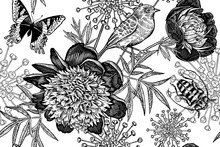 Seamless Floral Pattern With Peonies, Bird, Beetle And Butterflies. Black And White.