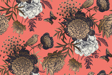 Garden Flowers Peonies On A Coral Background. Luxury Seamless Pattern.