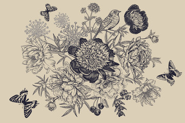 Wall Mural - Bouquet of garden flowers peonies, butterflies and bird. Vintage floral card.