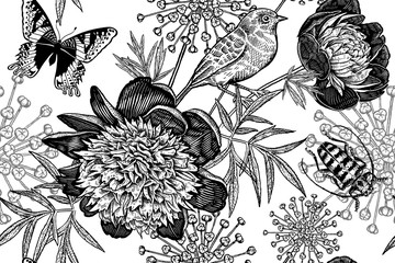 Wall Mural - Seamless floral pattern with peonies, bird, beetle and butterflies. Black and white.