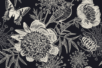 Wall Mural -  Black and white floral seamless background. Peonies, bird, beetle and butterflies. Vintage.