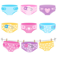 Baby Girl And Baby Boy Diaper Collection Hanging On Clothes Line. Vector Illustration