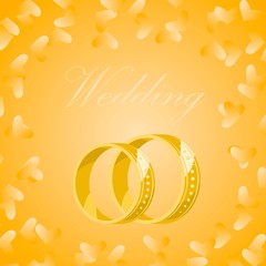 Wall Mural - Vector golden wedding rings on yellow background with gold hearts. Rings for the bride and groom for the wedding. Background for the card, invitation cards, engagement cards.