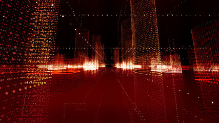 Wall Mural - Futuristic matrix hologram city. Digital blueprint of buildings with binary code particles 3D illustration. Construction, growth, technology and connection concept