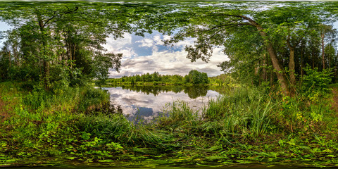 full seamless spherical hdri panorama 360 degrees angle view on pedestrian walking path among the bushes of forest near river or lake in equirectangular projection, ready VR AR virtual reality content