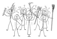 Vector Cartoon Stick Figure Drawing Conceptual Illustration Of Angry Mob Characters With Torch And Tools Like Pitchfork As Weapons.