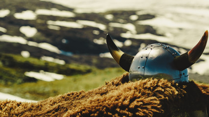 Viking helmet on mountain nature Norway