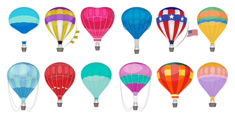 Canvas Print - Hot air balloon. Romantic colorful flying entertainment festival balloons outdoor in sky vector collection. Air hot balloon travel, sky transport illustration