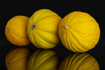 Group of three whole fresh yellow melon canary in row isolated on black glass