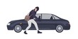 Thief, burglar or rubber dressed in hoodie sneaking to break automobile's window. Criminal committing crime. Motor vehicle theft scene, unlawful act. Flat cartoon colorful vector illustration.