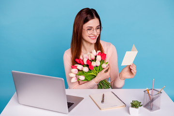 Canvas Print - Close-up portrait of nice lovely feminine attractive cheerful cheery girl getting receiving congrats reading card fresh plants at work place station isolated over bright vivid shine blue green