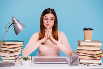 Sticker - Portrait of her she nice attractive intellectual doubtful girl preparing exam test folded arms decision clue at work place station isolated over bright vivid shine blue background