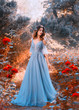 © kharchenkoirina - sad princess walks in fading autumn garden with withered plants, lady with short dark hair in chic light blue sky dress looks at red roses with sadness, clean young attractive girl, creative colors.