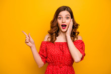 Pretty Lady Indicating Fingers Empty Space Showing Black Friday Prices Wear Red Dress Isolated Yellow Background
